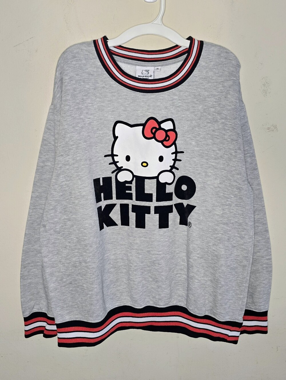 Hello Kitty Grey Fleece Sweatshirt Size XL Kawaii Sanrio Striped Trim Coquette